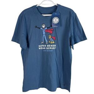 NEW Life Is Good Mens Super Heroes Wear Scrubs Crusher T Shirt Blue Cotton - Med